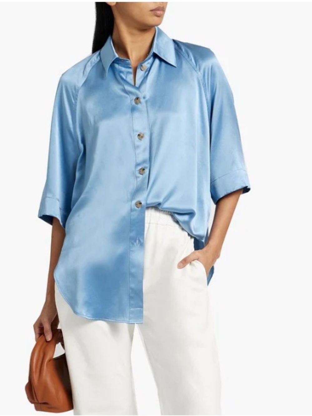 Loulou Studio Sky Blue silk Satin Short-Sleeve Button-Down Shirt